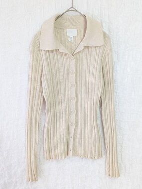 H&M Cream Ribbed Button-Front Collared Cardigan